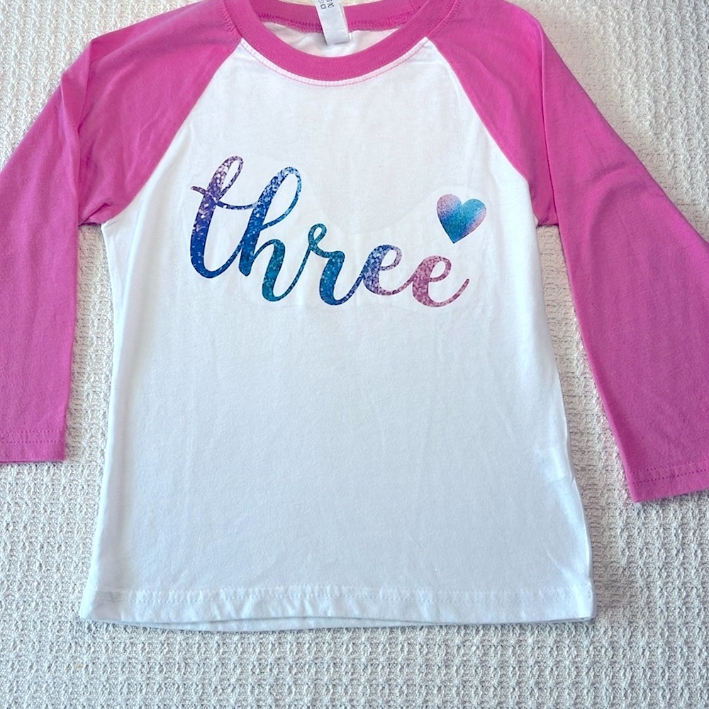 Girls henley stye "three" birthday shirt pink arms, white body, cotton/poly